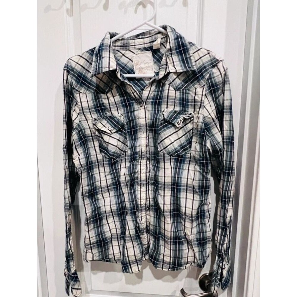 Girl Krazy Women’s Size L Blue White Plaid Button Front Western100% Cotton